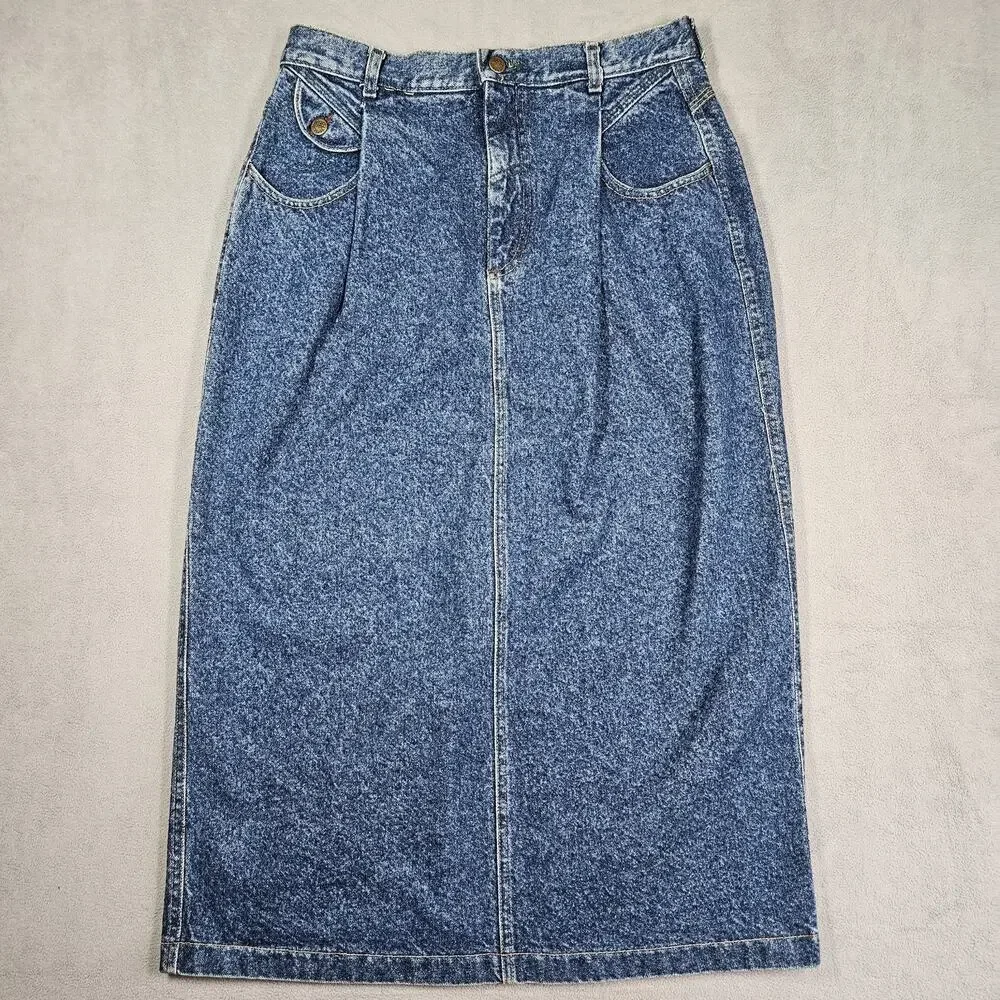 Vintage Lee Denim Skirt Womens Sz 16 Blue 80s Union Made Pleated Modest Prairie